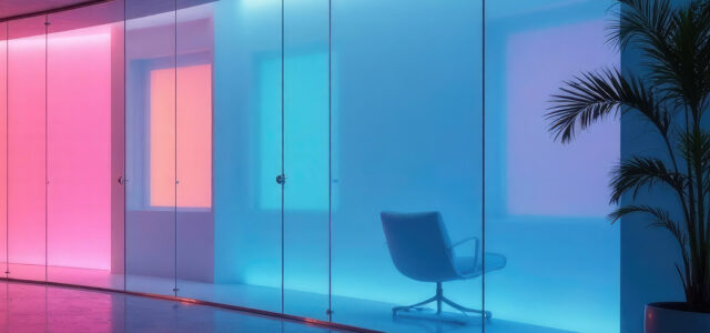 Softly glowing glass partitions separate spaces, separation, sof