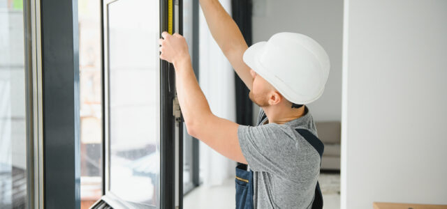 handsome young man installing bay window in new house construction site