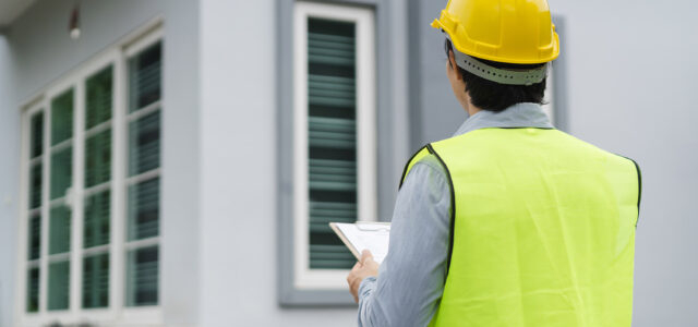 Builder inspection consultancy. Inspector checking material and
