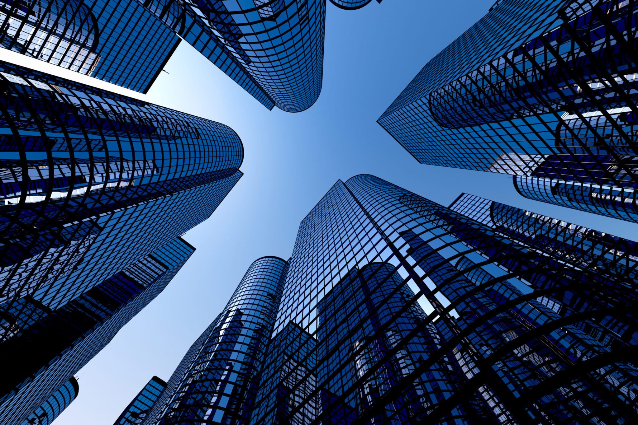 Reflective skyscrapers, business office buildings.